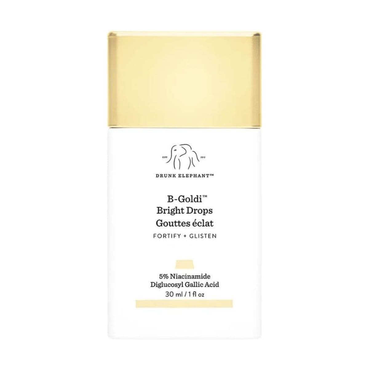 Embalagem de Sérum Iluminador Drunk Elephant B-Goldi Bright Drops com Niacinamida