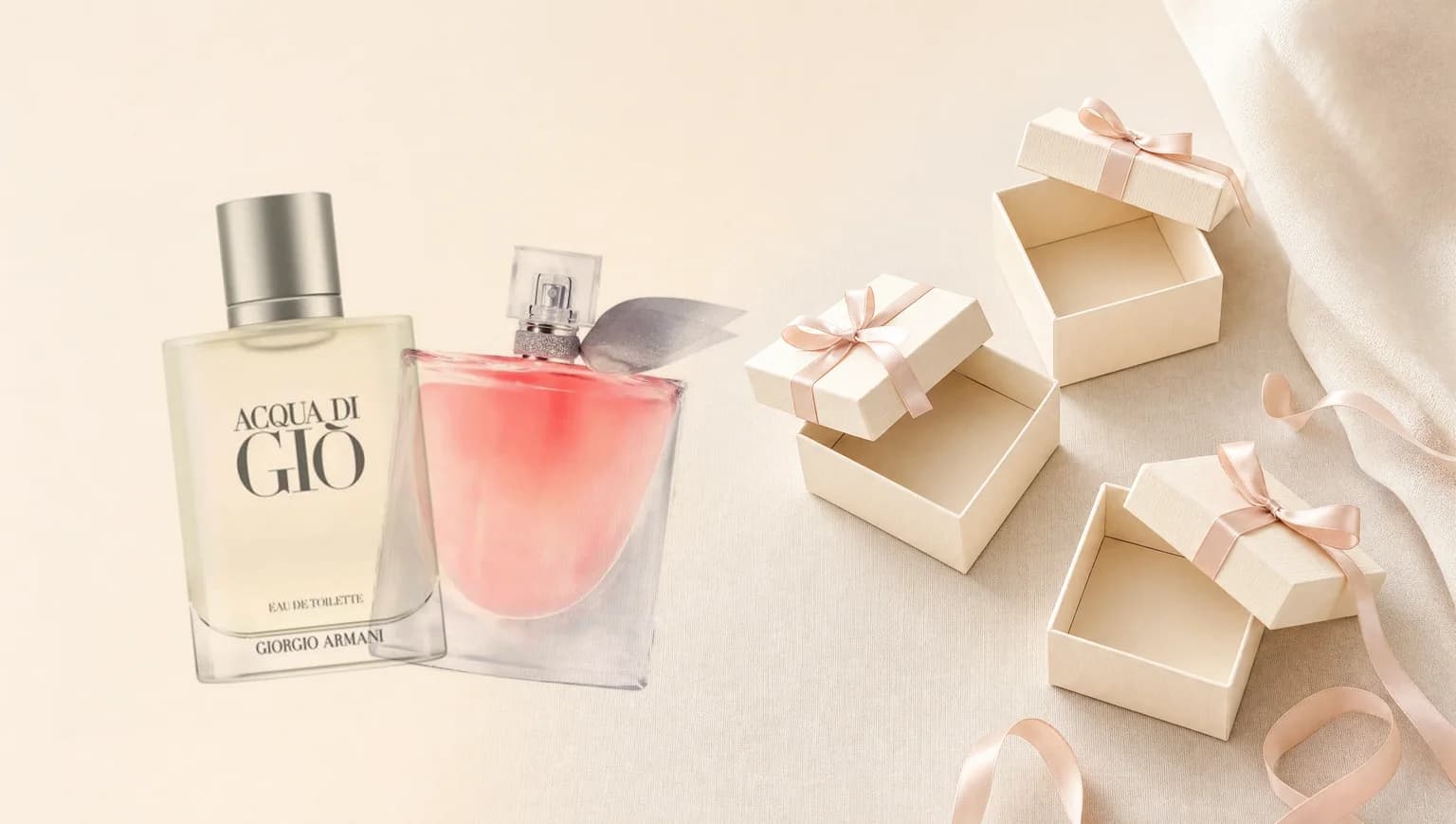 Caixas de presente marfim abertas ao lado do perfume Acqua di Gio
