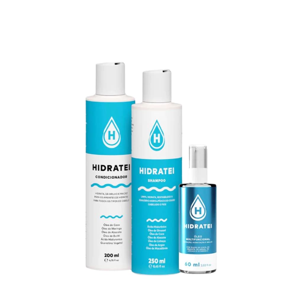 Embalagem de Kit Hidratação Descomplicada Hidratei Shampoo Condicionar e Óleo