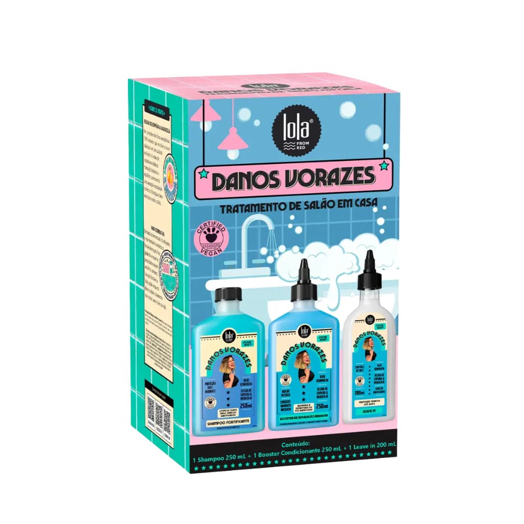 Embalagem de Lola Kit Danos Vorazes Shampoo, Booster e Leave in