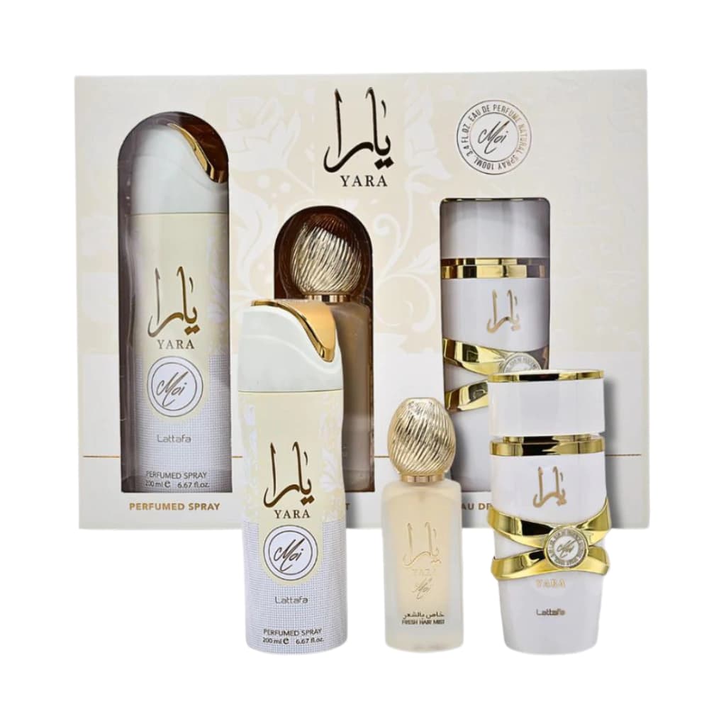 Embalagem de Lattafa Kit Yara Moi Collection – Desodorante, Hair Mist e Eau de Parfum