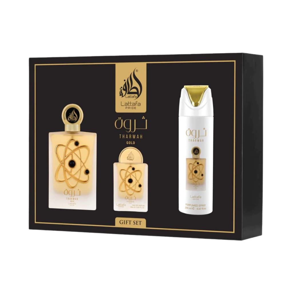 Embalagem de Kit Tharwah Gold Gift Set Lattafa