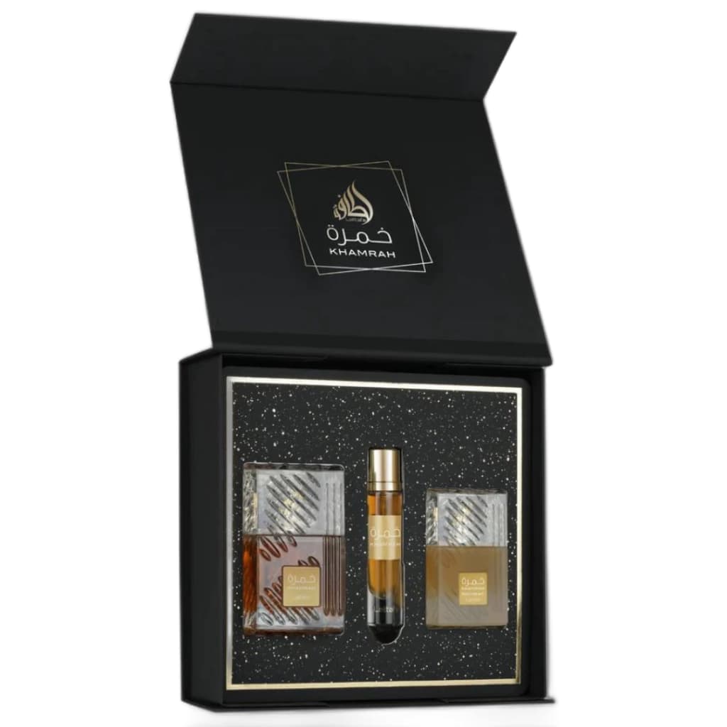 Embalagem de Kit Perfume Gift Set Lattafa Khamrah