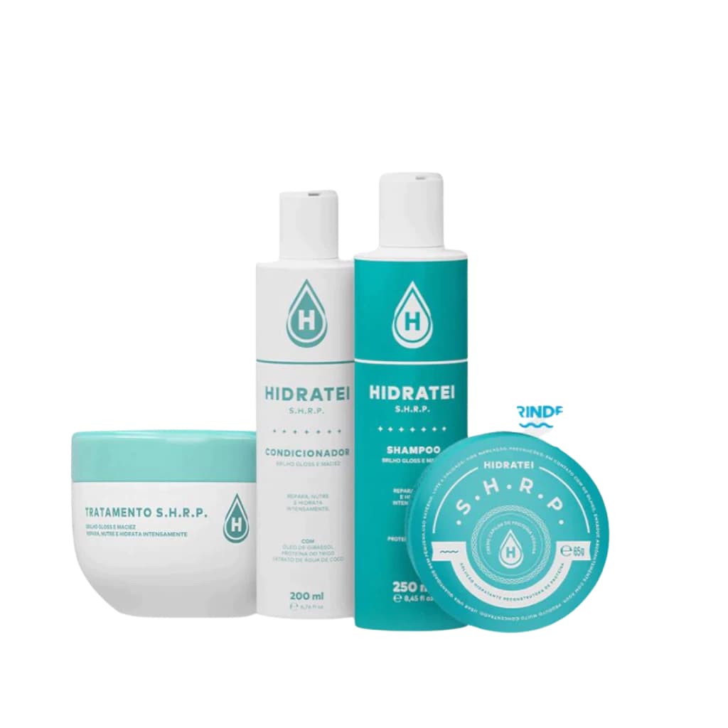 Embalagem de Kit Gloss Hidratei Shampoo Condicionador e Creme de proteína