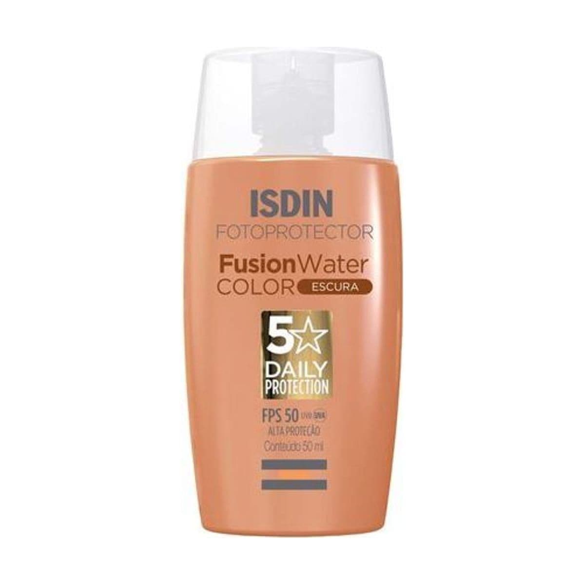 Embalagem de Protetor Solar Facial ISDIN Fusion Water 5 Stars Color FPS50